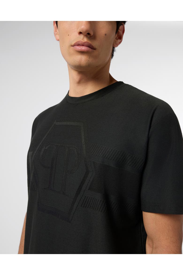 Round Neck T-Shirt Jacquard Hexagon Line Men, Alternate, color, black