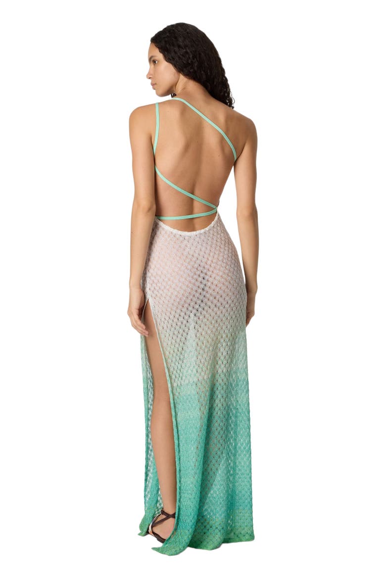 One-shoulder Dress In Lamé Viscose With Dégradé Spiderweb Motif, Alternate, color, Green