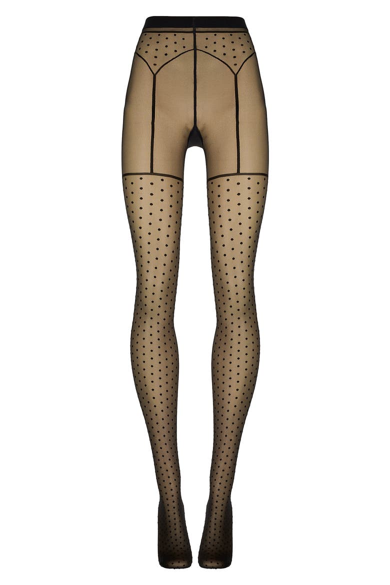 Illusion Garter Belt Polka Dot Tights, Alternate, color, BLACK/ BLACK