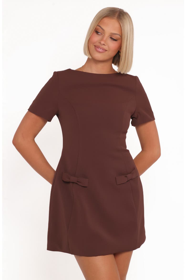 Tanis Bow Sheath Minidress, Alternate, color, BROWN