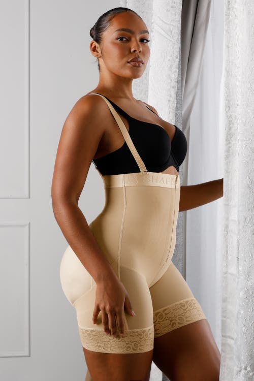 Shapellx Firm Tummy Compression Bodysuit Shaper With Butt Lifter In Cream Beige