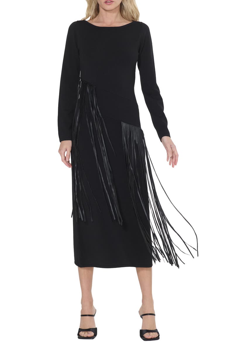 Jessica Fringe Long Sleeve Midi Dress, Alternate, color, BLACK
