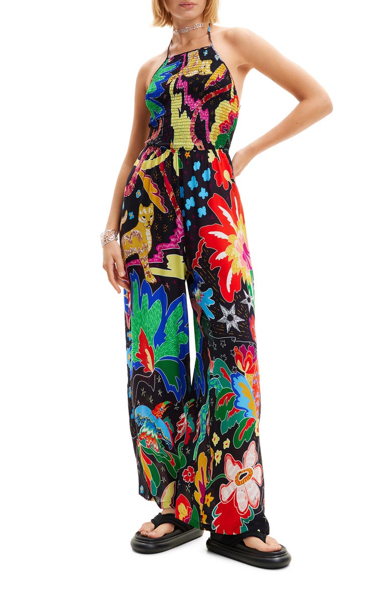 Desigual Jungle Design Halter Neck Jumpsuit, Main, color, Black