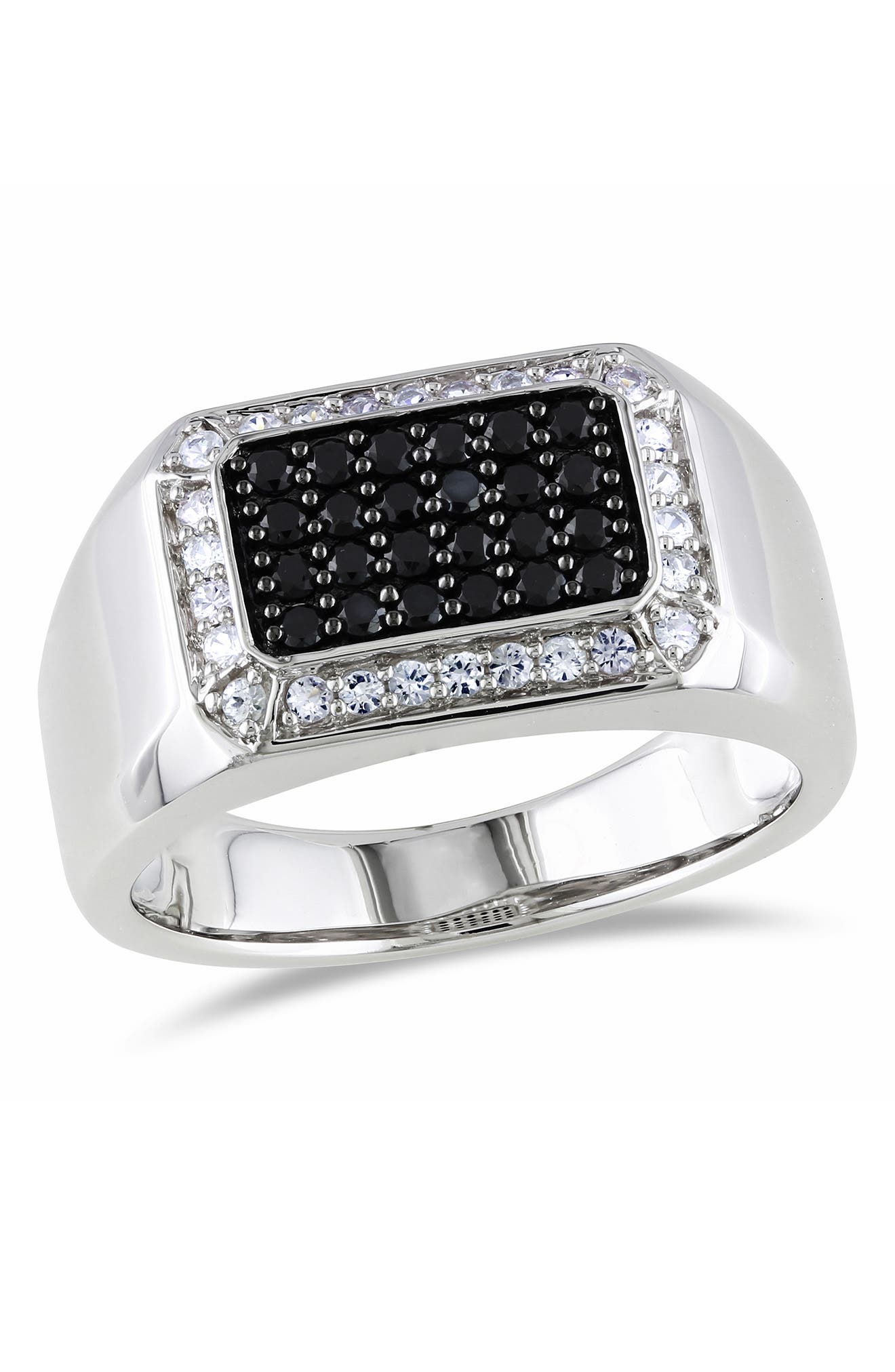 DELMAR Men's Sterling Silver White Sapphire Halo Pavé Black Spinel Square Ring