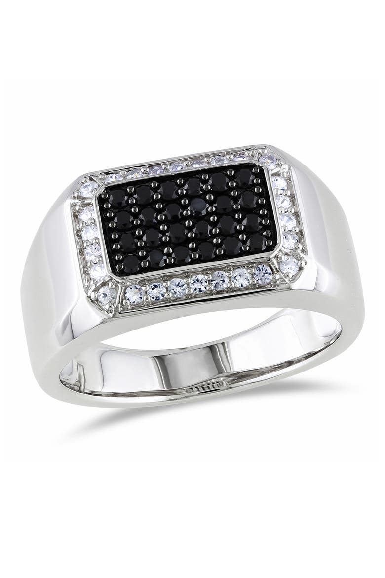 Men's Sterling Silver White Sapphire Halo Pavé Black Spinel Square Ring, Main, color, BLACK
