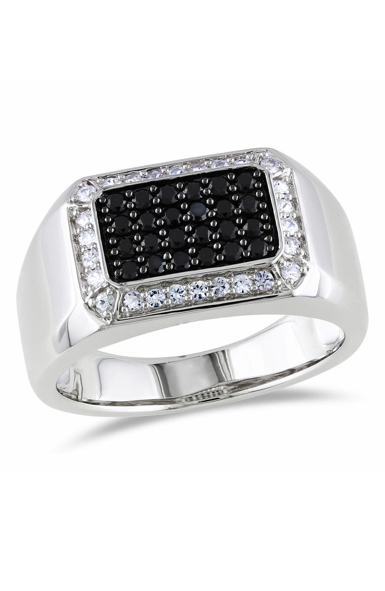 DELMAR Men's Sterling Silver White Sapphire Halo Pavé Black Spinel Square Ring, Main, color, Black