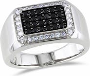 DELMAR Men's Sterling Silver White Sapphire Halo Pavé Black Spinel Square Ring