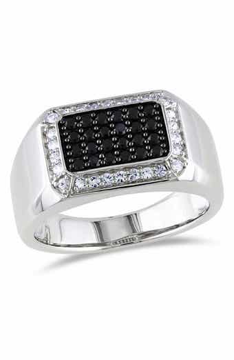 DELMAR Men's Sterling Silver White Sapphire Halo Pavé Black Spinel Square Ring