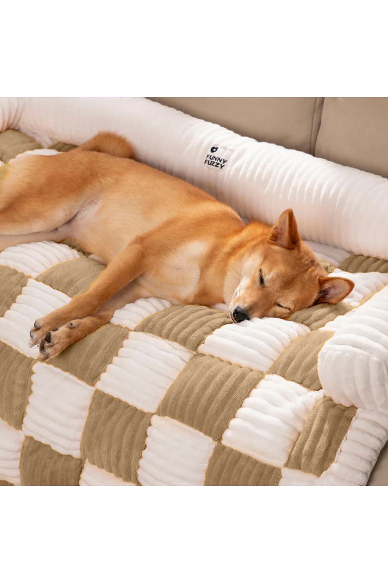 Cream Square Plaid Cozy Dog Mat Furniture Protector Cover, Alternate, color, Coffee
