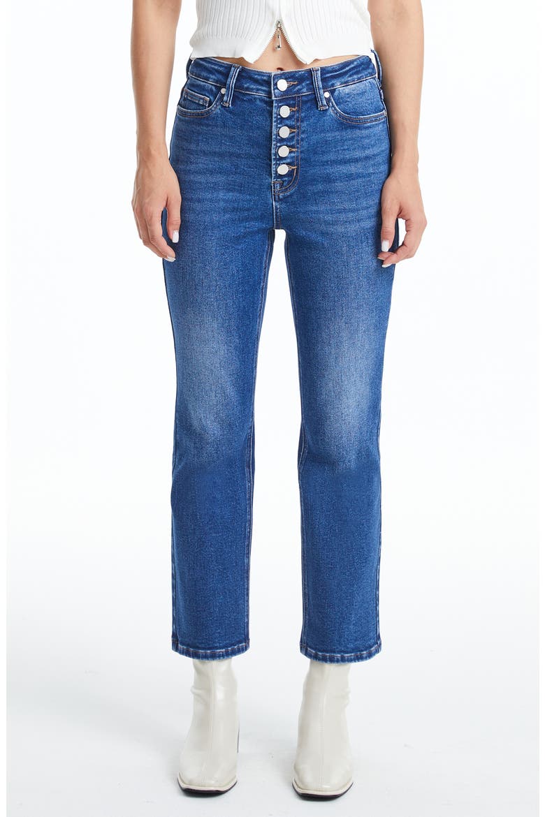 Button Fly High Waist Crop Straight Leg Jeans, Main, color, DARK BLUE