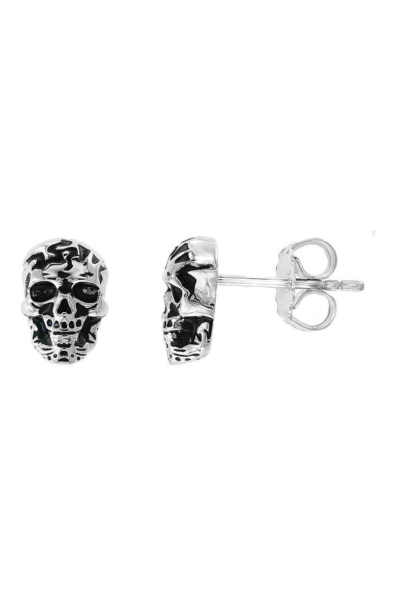 Antiqued Sterling Silver Skull Stud Earrings, Main, color, WHITE