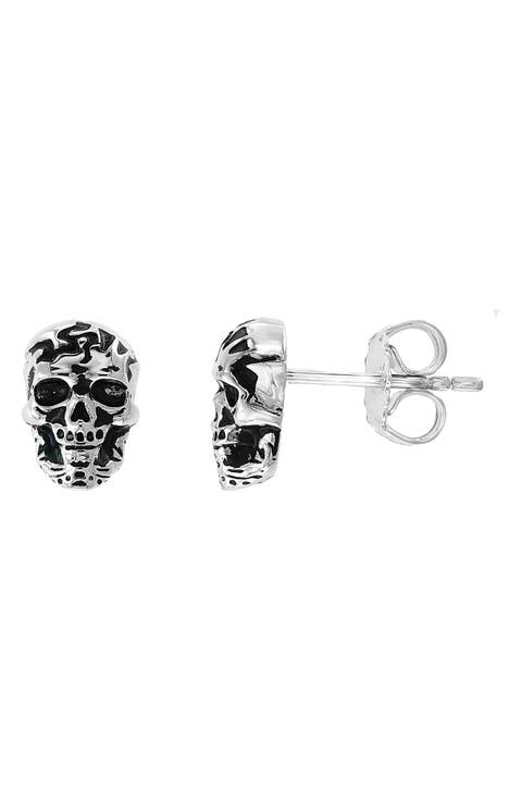 Antiqued Sterling Silver Skull Stud Earrings