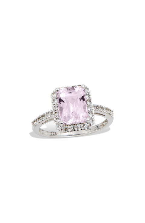 Emerald Cut Kunzite & White Topaz Sterling Silver Ring
