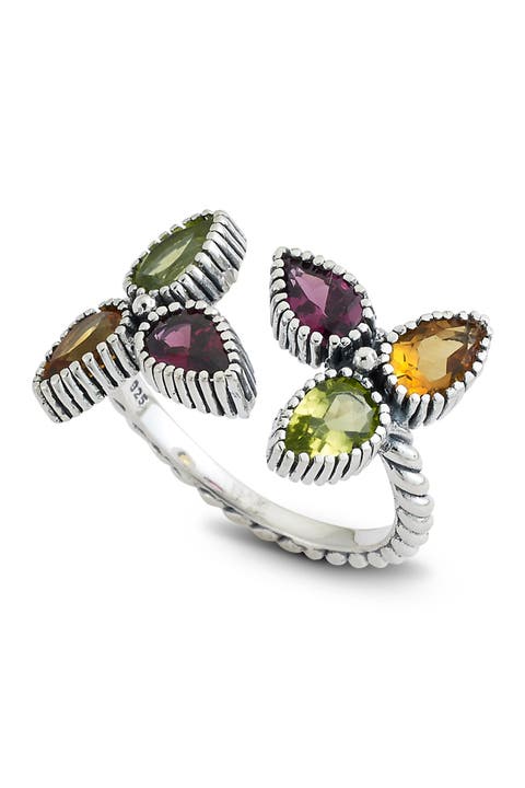 Sterling Silver Multi Color Pear Shape Bypass Ring