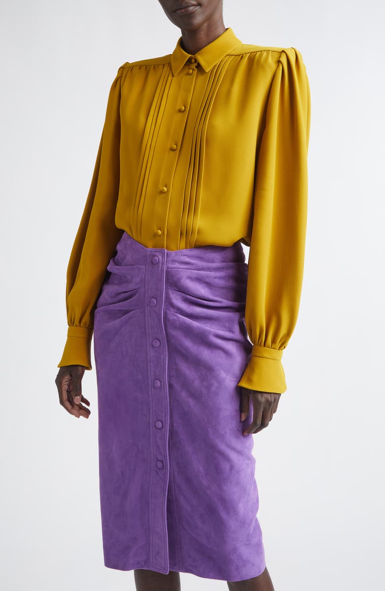 Valentino Pintuck Silk Cady Button-Up Shirt, Main, color, Yellow