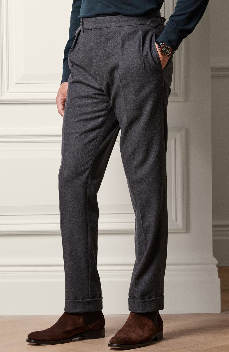 Ralph Lauren Purple Label Pleated Charcoal Grey Wool Flannel Trousers, Alternate, color, Dark Grey