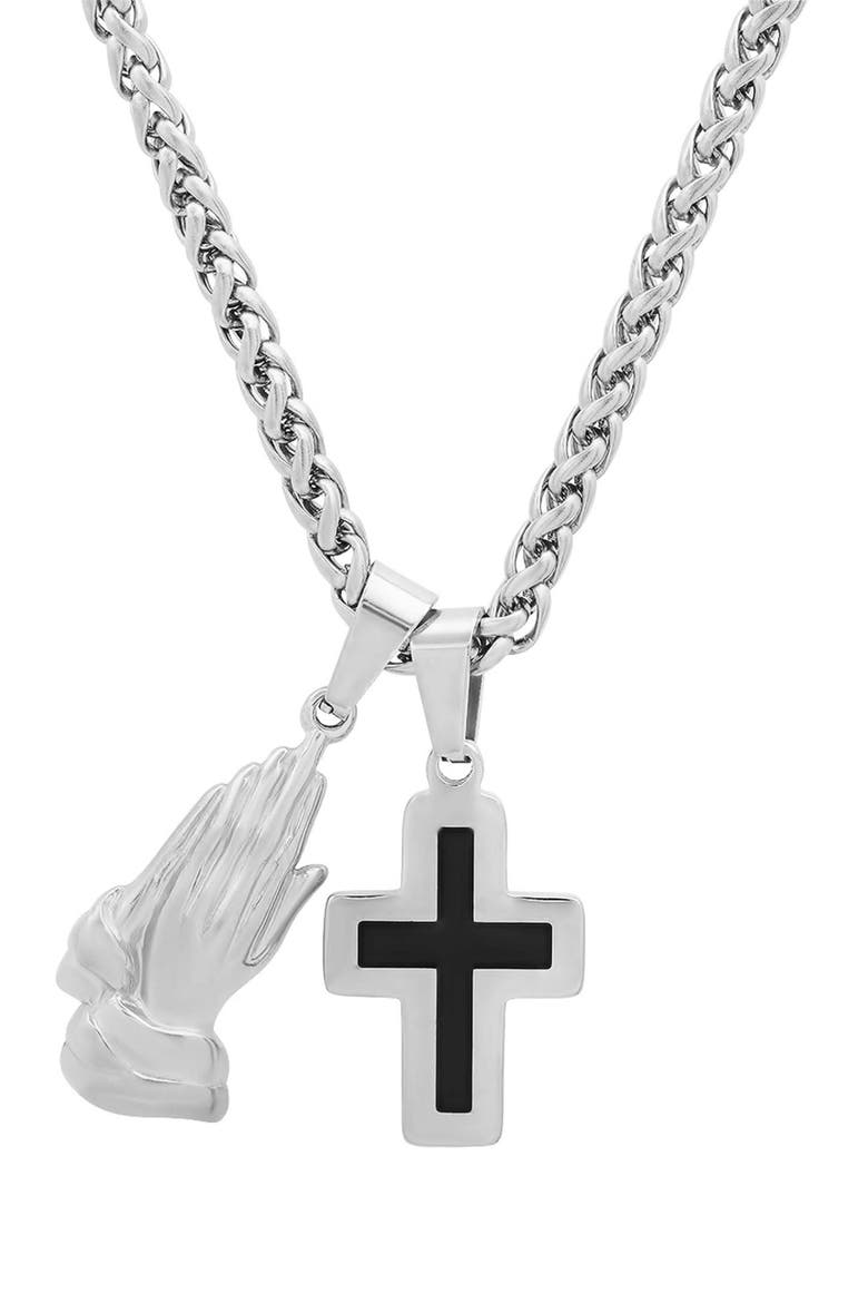 Prayer Hand & Cross Pendant Necklace, Main, color, SILVER