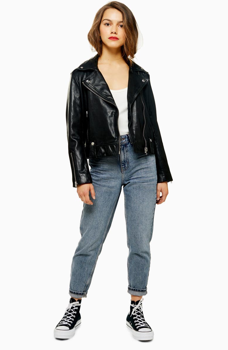 Topshop Mona Leather Biker Jacket, Alternate, color,