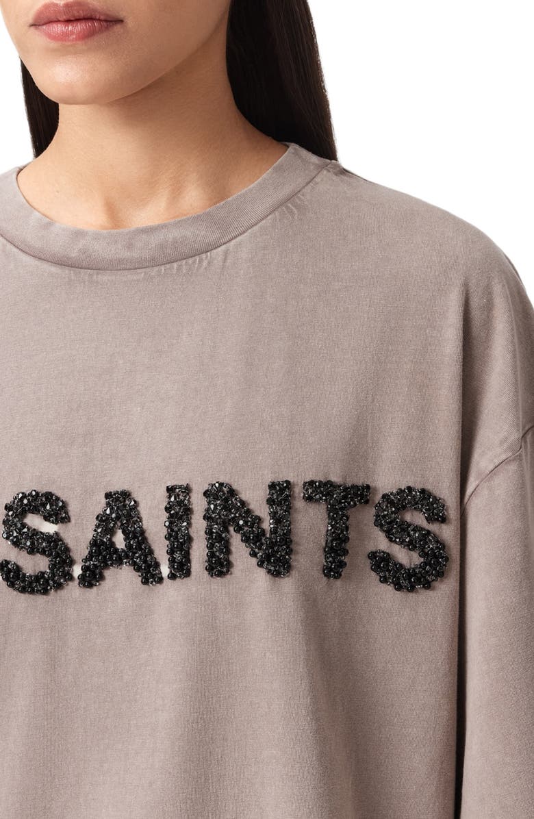 AllSaints Amelie Oversize Embellished Logo Cotton T-Shirt, Alternate, color, Stone Grey