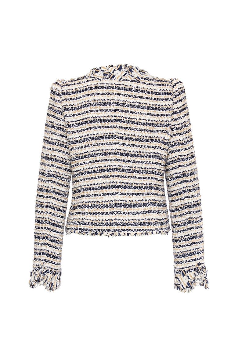 Striped Tweed Jacket With Flower Boarder, Alternate, color, White Navy Gold