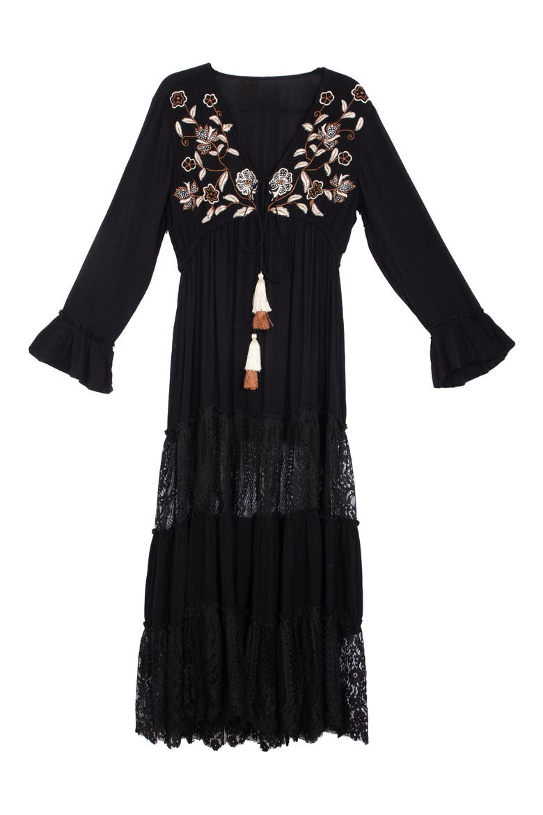 Floral Embroidered Lace Long Sleeve Tiered Caftan, Alternate, color, BLACK