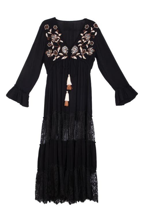 Saachi Floral Embroidered Lace Long Sleeve Tiered Caftan In Black