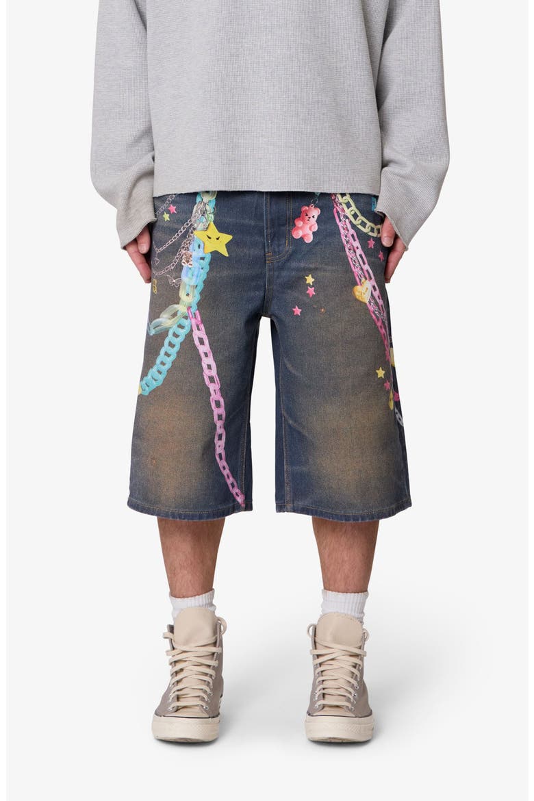 Ultra Baggy Chain Print Denim Shorts, Main, color, BLUE