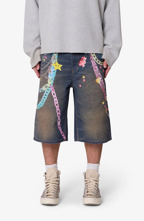 Ultra Baggy Chain Print Denim Shorts