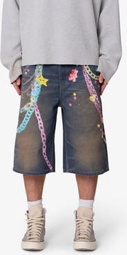 mnml Ultra Baggy Chain Print Denim Shorts