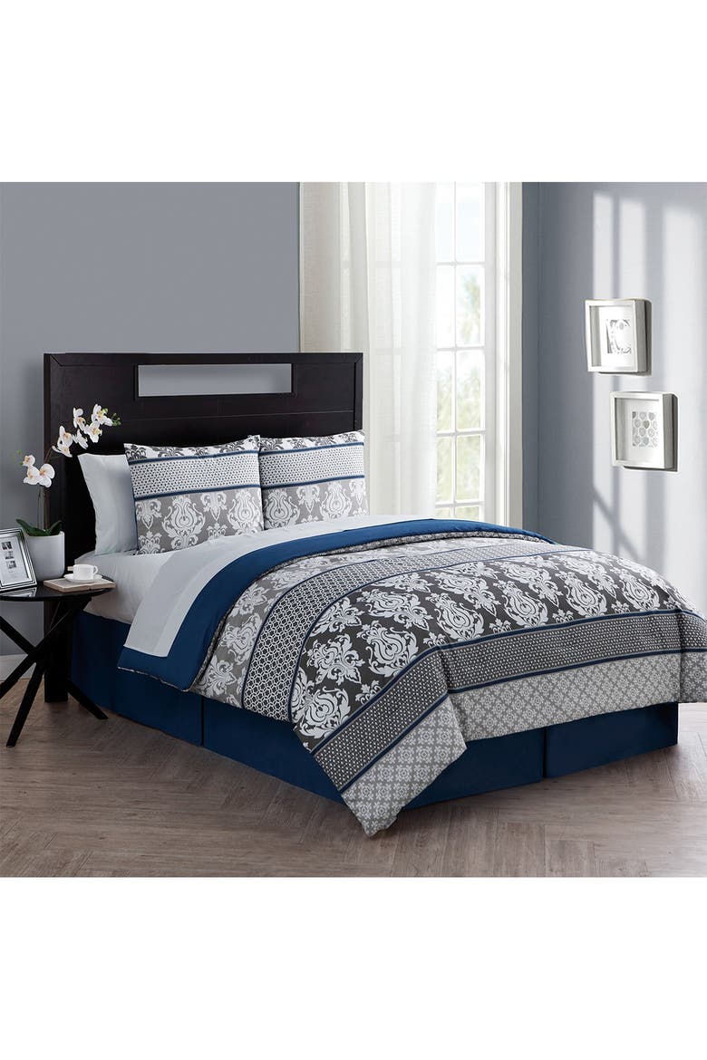 Beckham Blue Damask Bed-in-a-Bag Comforter Set - King, Alternate, color, BLUE