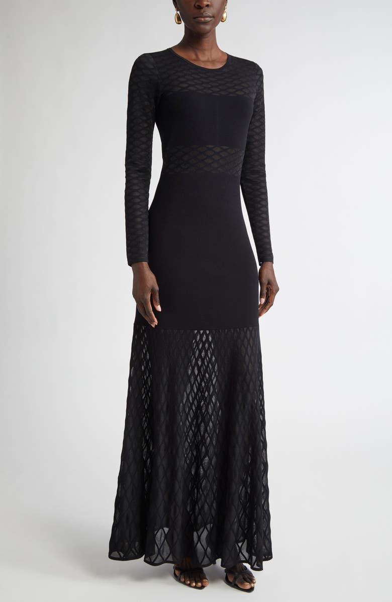 ST. JOHN Trellis Knit Long Sleeve Gown, Main, color, Black