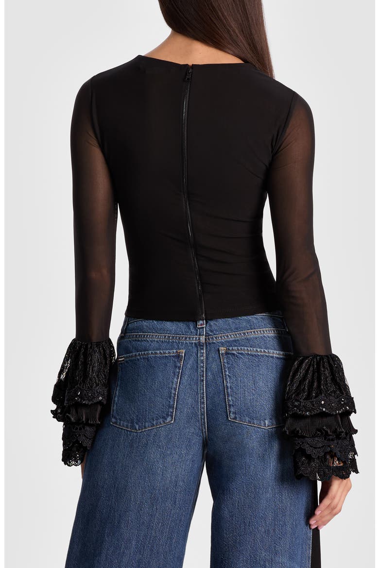 Delania Mesh Ruffle Cuff Top, Alternate, color, BLACK