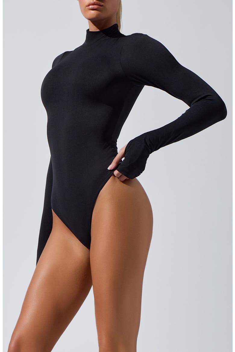 Mock Neck Long Sleeve Bodysuit, Alternate, color, BLACK
