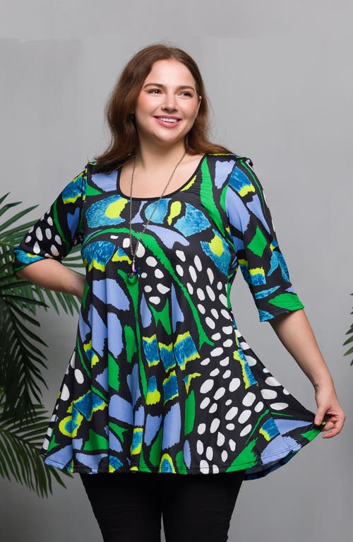 24seven Comfort Apparel Plus Size Print Elbow Sleeve Casual Tunic Top In Green Multi