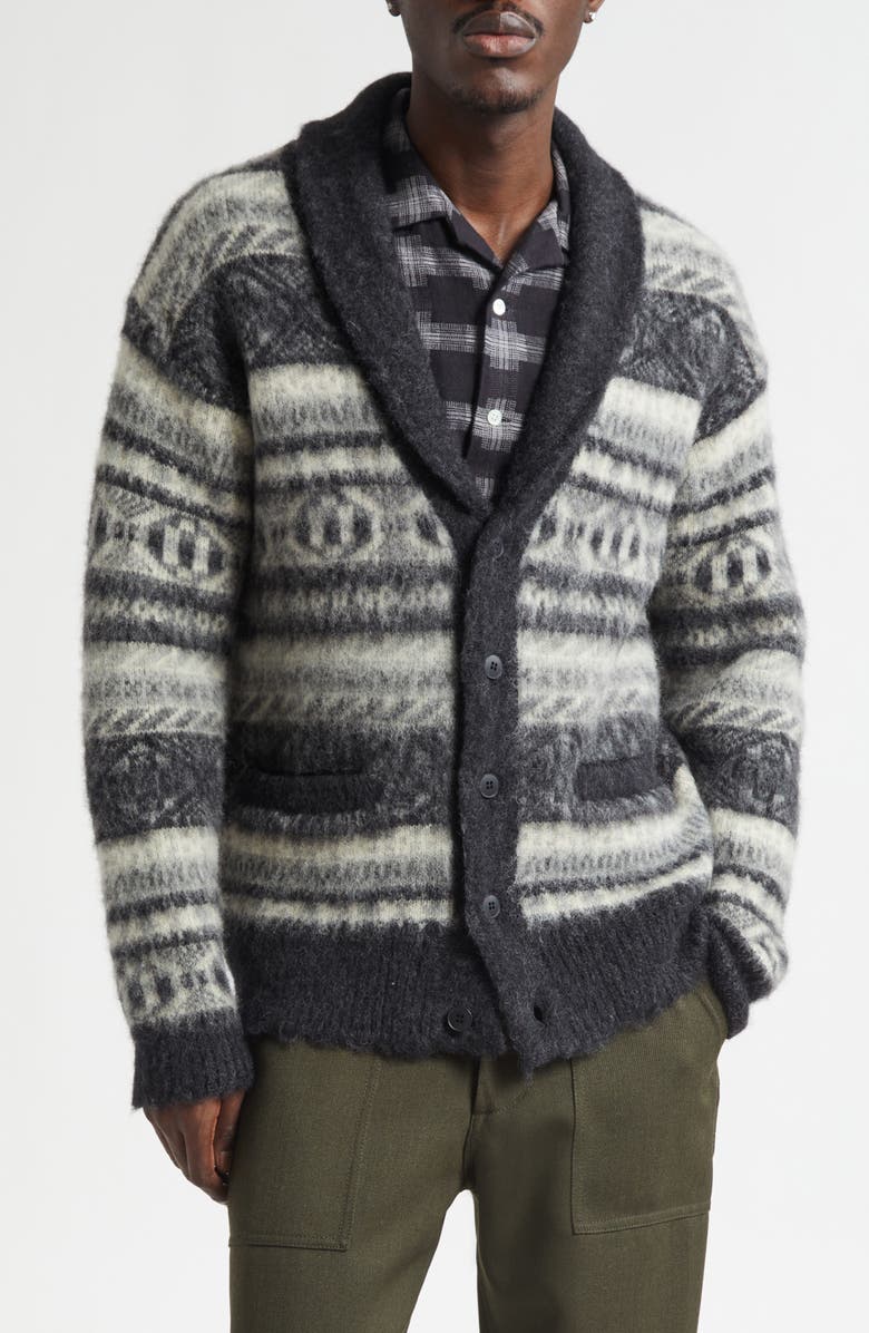 BEAMS Shaggy Fair Isle Shawl Collar Cardigan, Main, color, Charcoal Gray