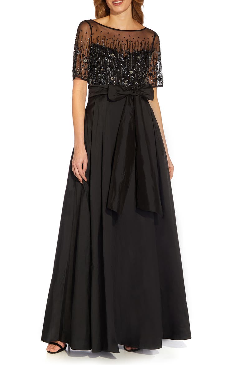Beaded Mesh & Taffeta Ballgown, Main, color, BLACK