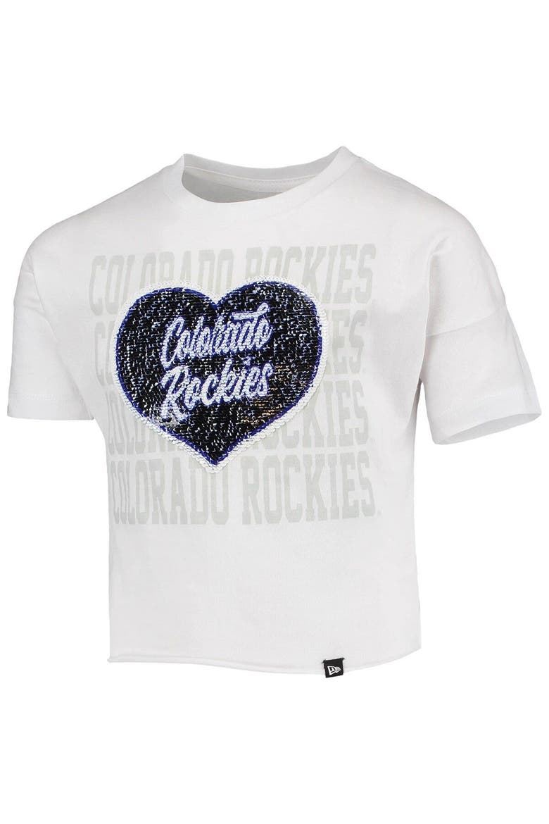 Girls Youth New Era White Colorado Rockies Flip Sequin Heart Crop Top, Alternate, color, White
