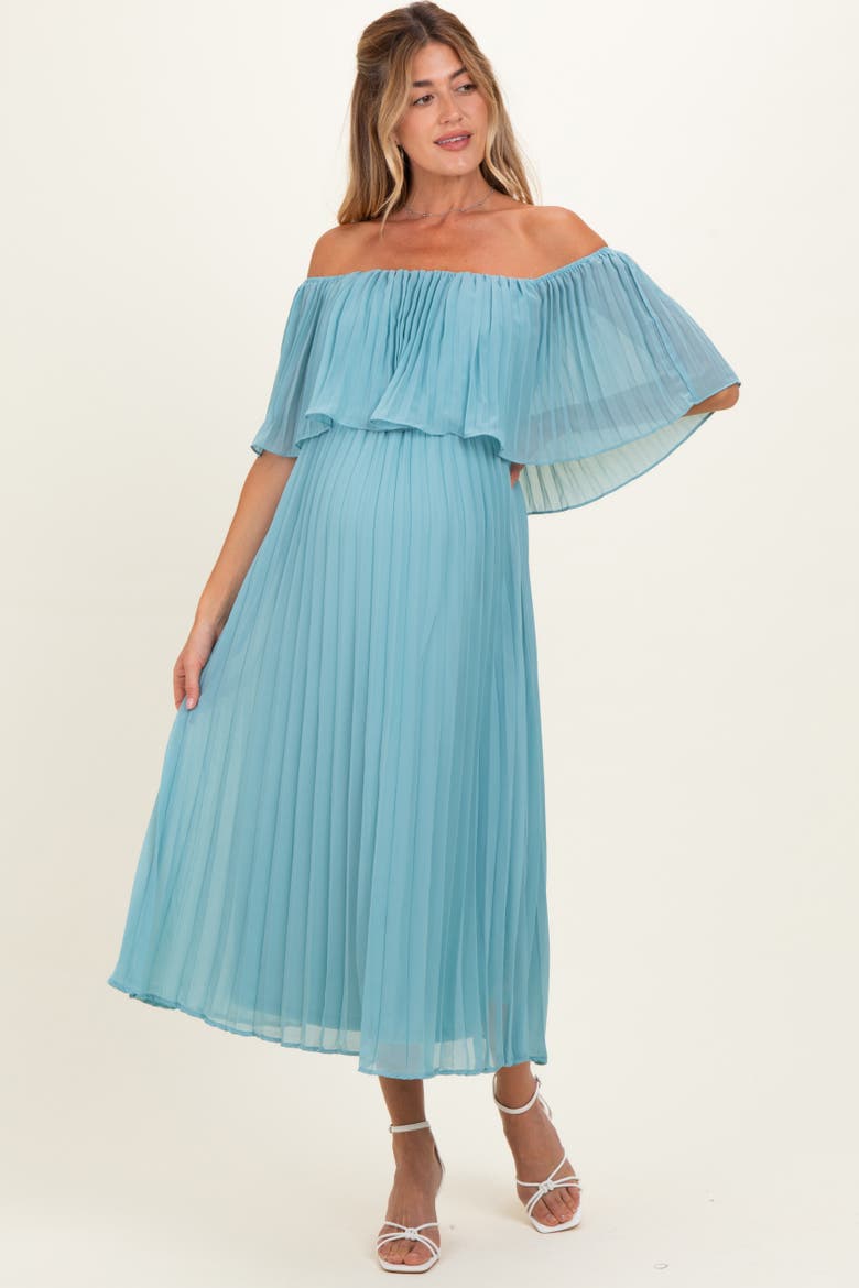 Pleated Off Shoulder Flounce Midi Dress, Alternate, color, Blue
