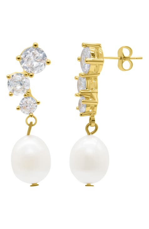 CZ & 9-10mm Freshwater Pearl Drop Earrings