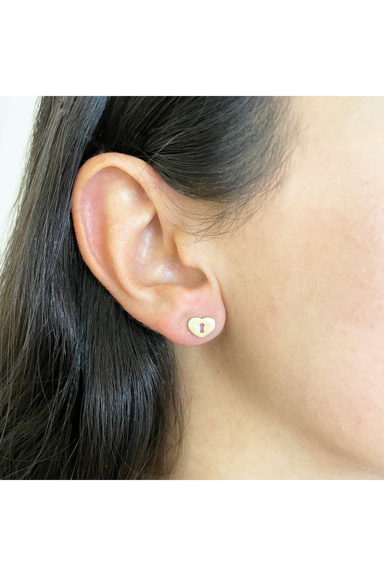 Gold Heart Padlock Stud Earrings, Alternate, color, Yellow Gold