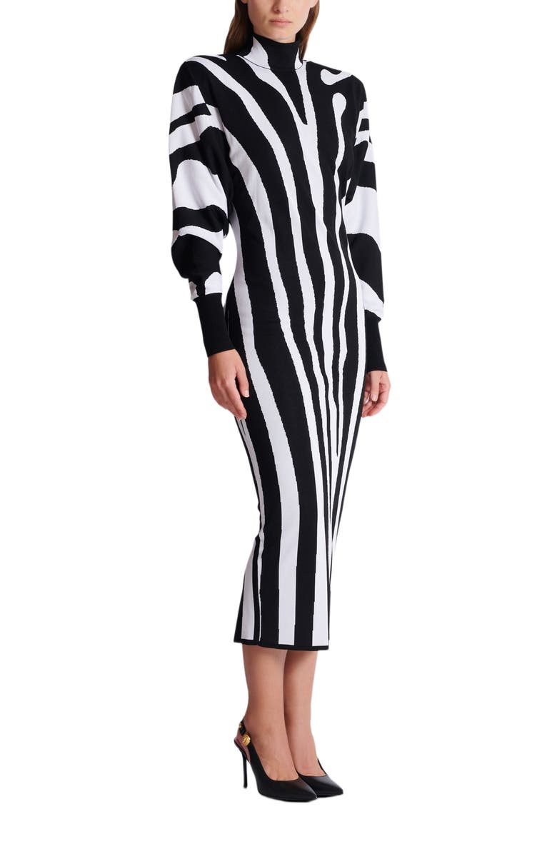 Balmain Long Knit Dress With Zebra Intarsia, Main, color, Black