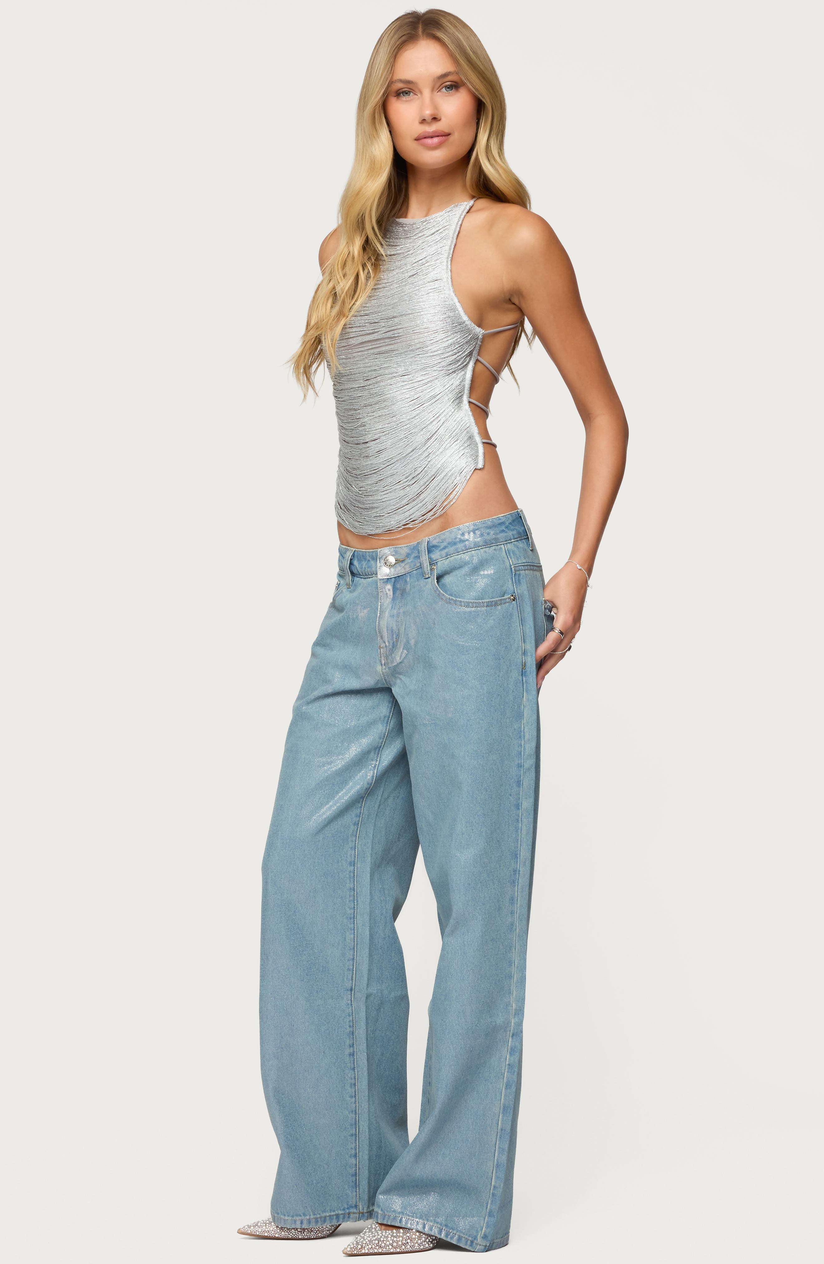 EDIKTED Kalana Metallic Fringe Open Back Camisole — фото 5