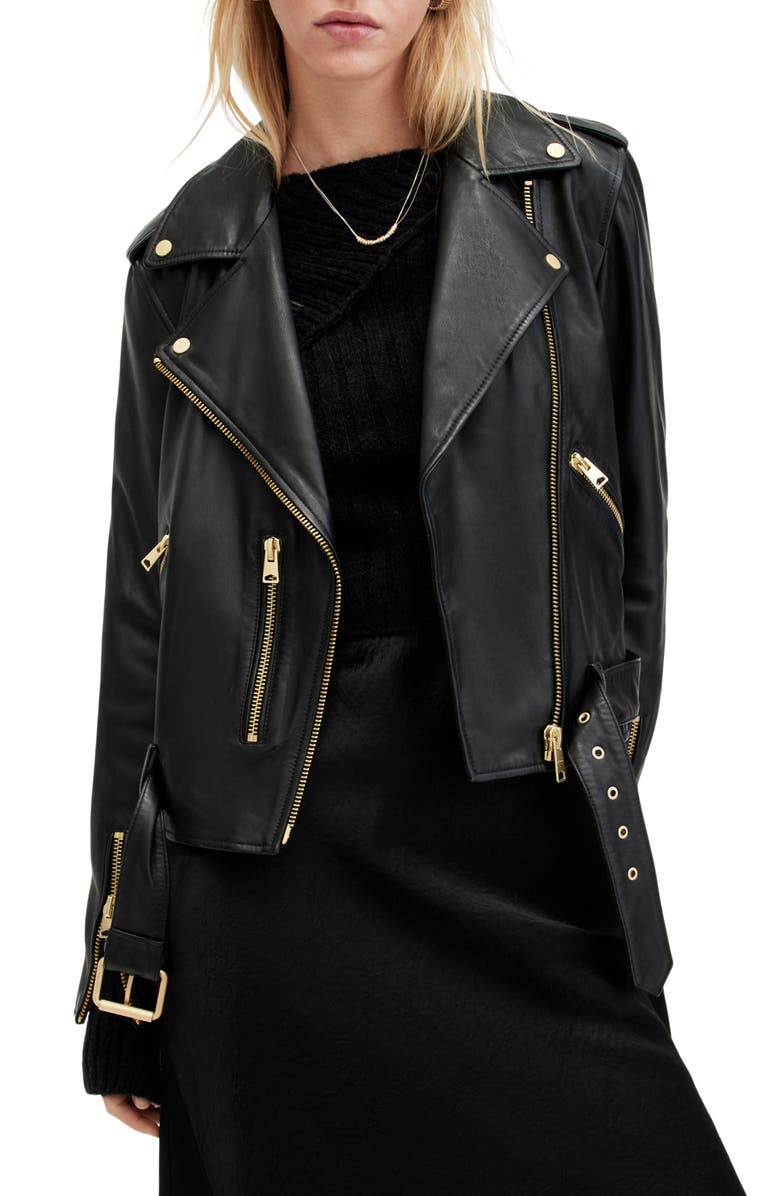 AllSaints Balfern Belted Leather Biker Jacket, Main, color, 