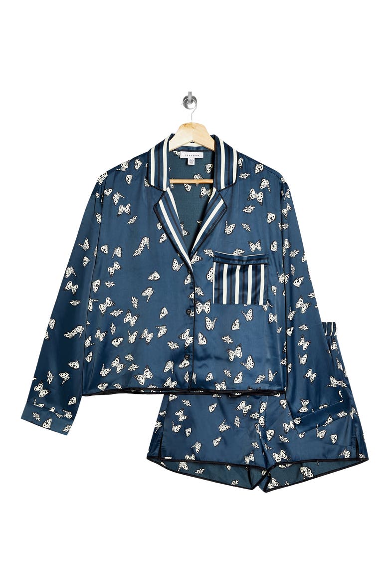 Kourtney Butterfly Print Satin Short Pajamas, Alternate, color, BLUE MULTI