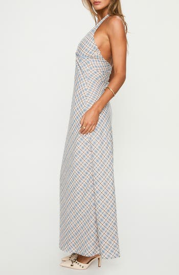 Evienna Check Plunge Halter Neck Maxi Dress