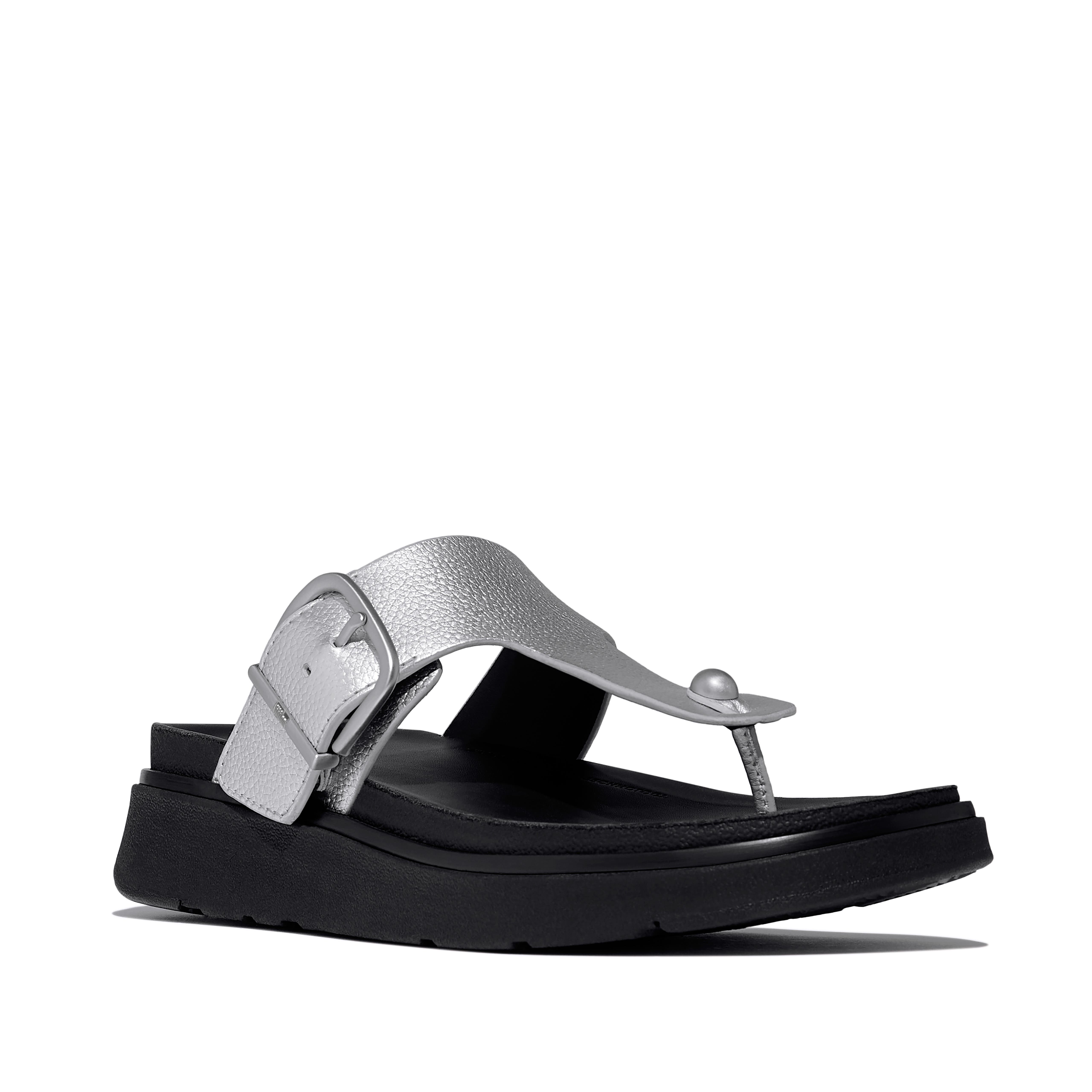 Gen FF Buckle Tumbled Leather Toe Post Sandals, Main, color, Silver