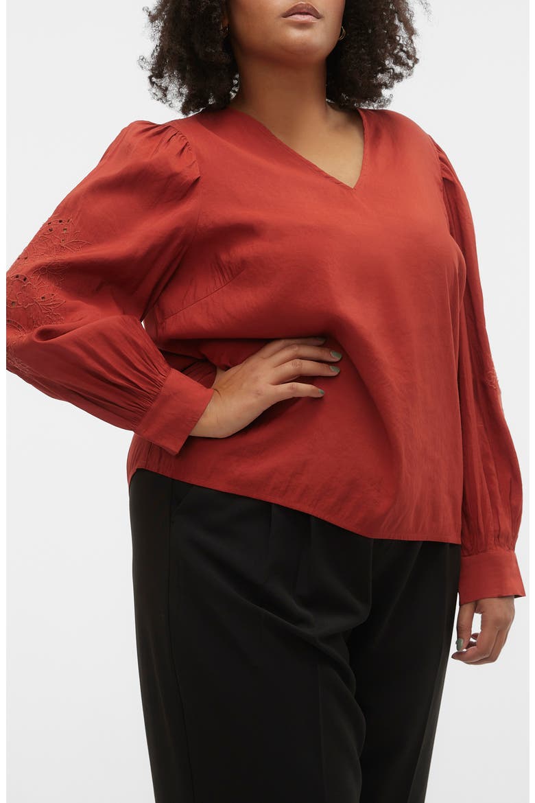 Curve Eyelet Sleeve Top, Alternate, color, RED OCHRE