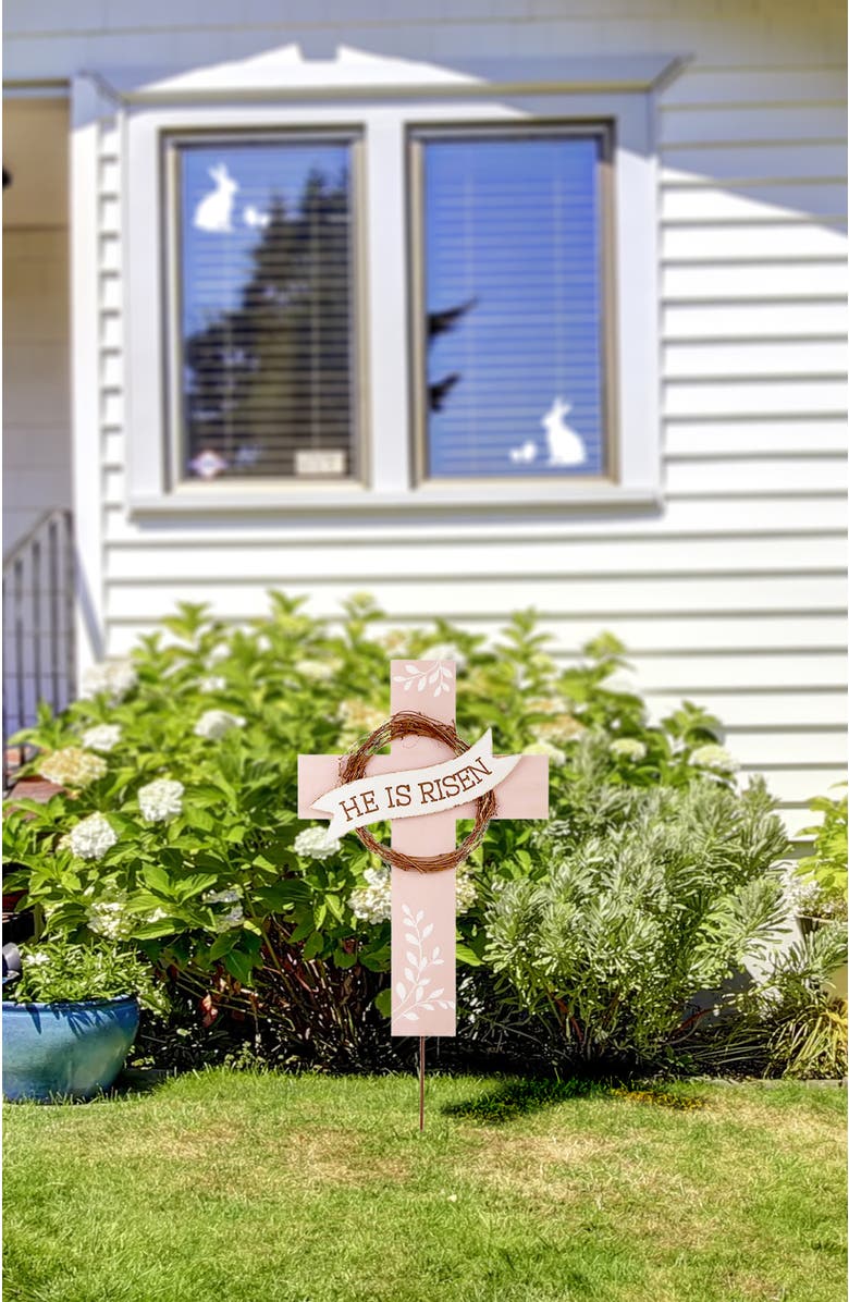 Glitzhome 32"H Easter Wooden Metal Cross Yard Stake or Wall Decor, Alternate, color, Brown