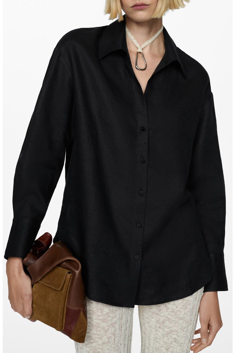Samari Linen Button-Up Shirt, Alternate, color, BLACK