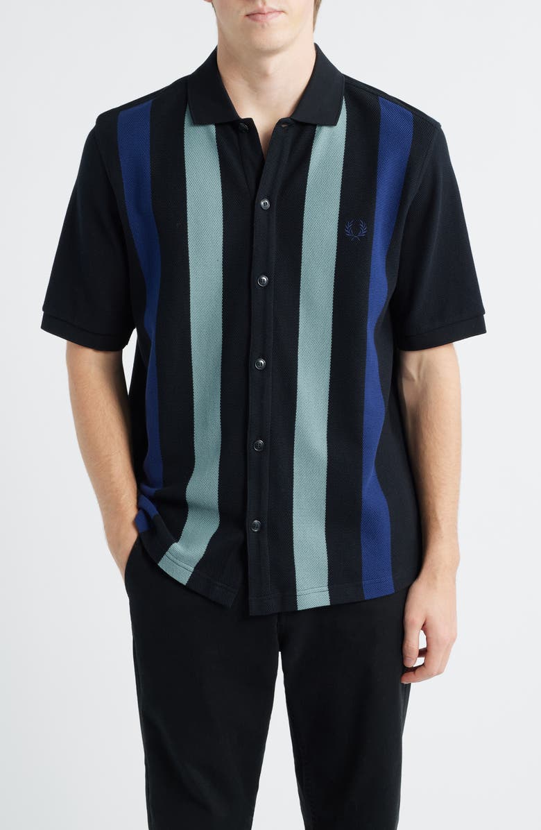 Fred Perry Vertical Stripe Short Sleeve Cotton Pique Button-Up Shirt, Main, color, Black